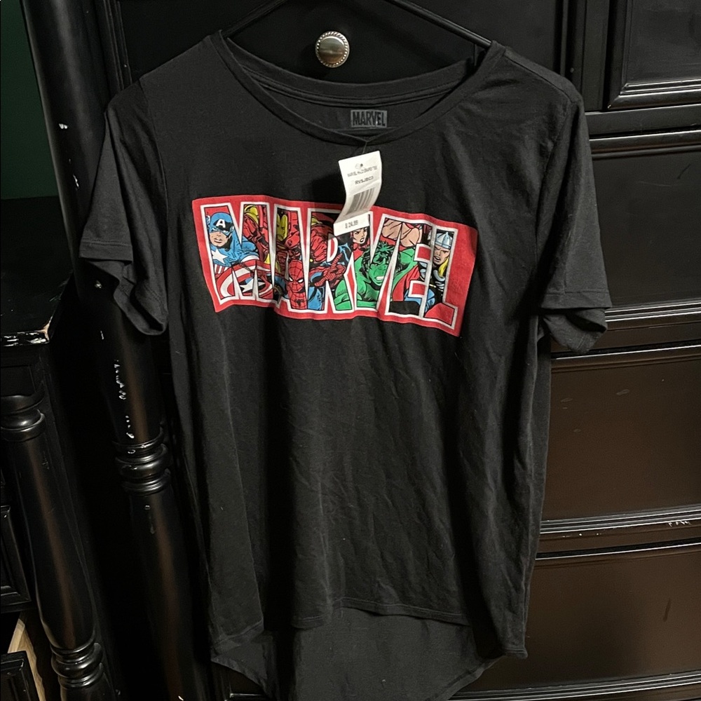 Marvel Black Drapey Tee with Red-Outlined Multi-Color Logo